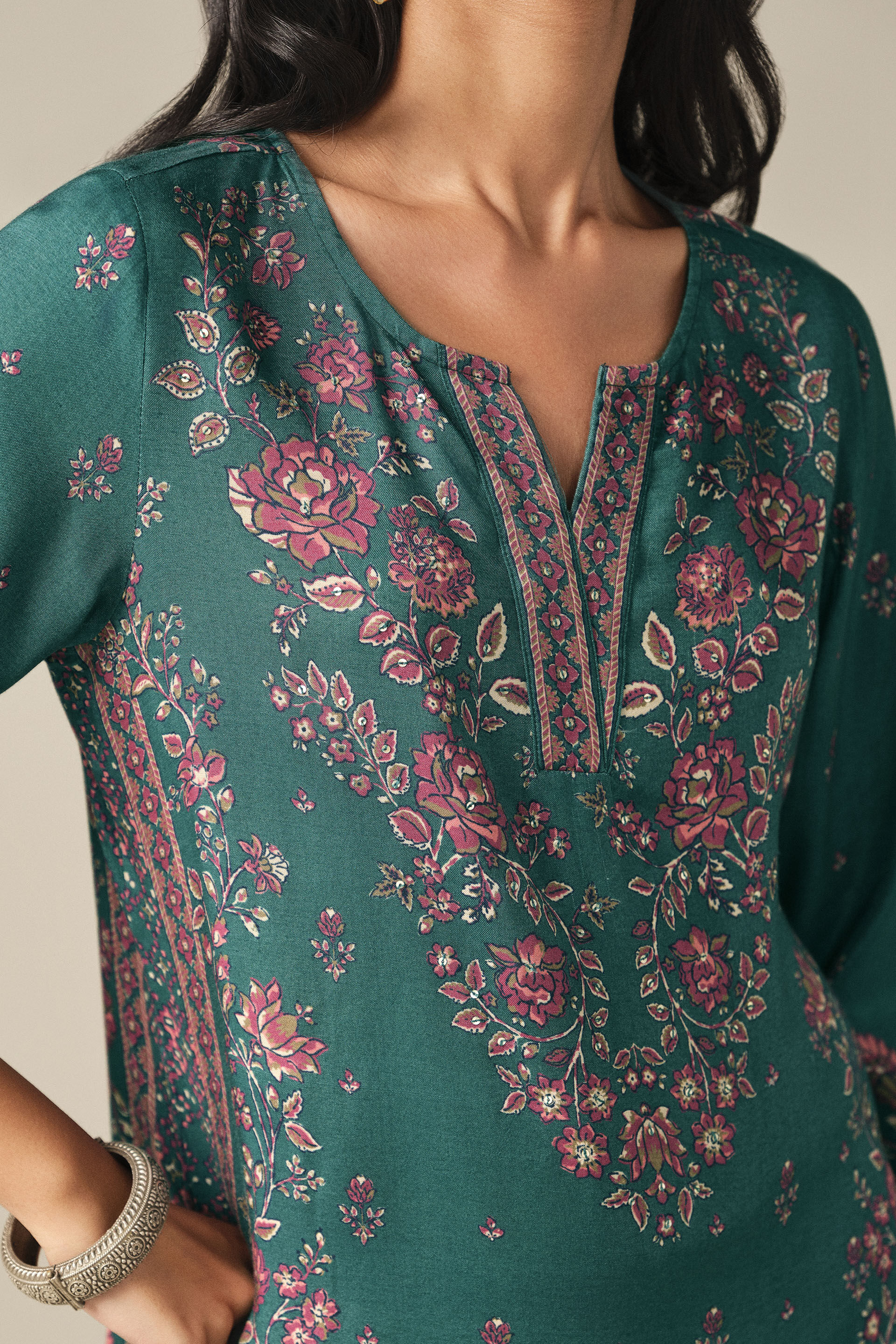 Floral Print Kurta in Green, Green, image 2
